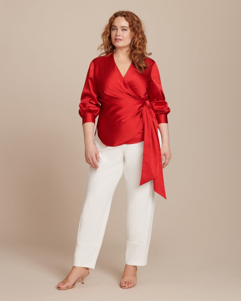 Exclusive Satin Tie Front Wrap Top Fire Red